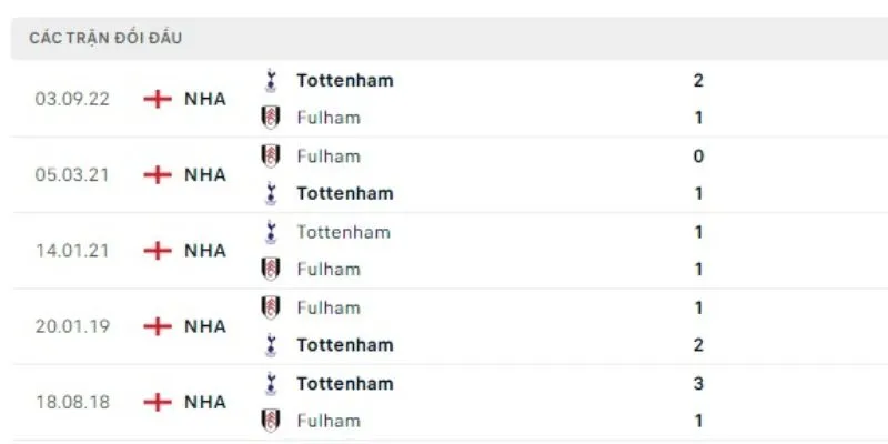 Lịch sử đối đầu khi soi kèo Fulham vs Tot 